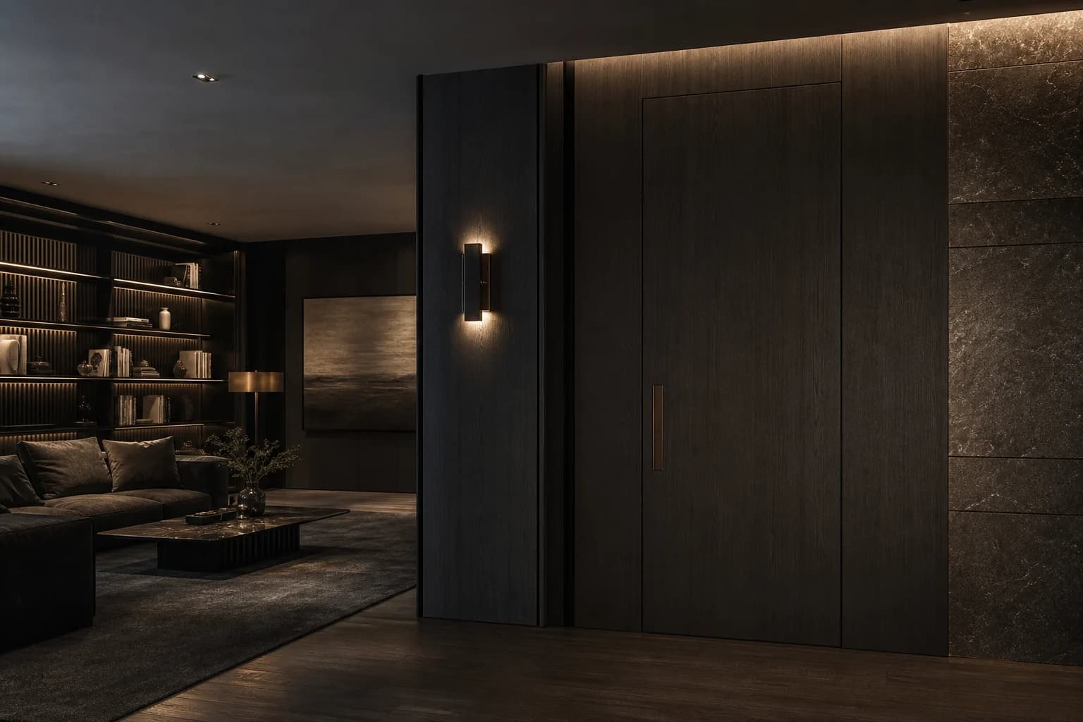 A dark timber doorway integrated into the paneling of a softly lit residential library.