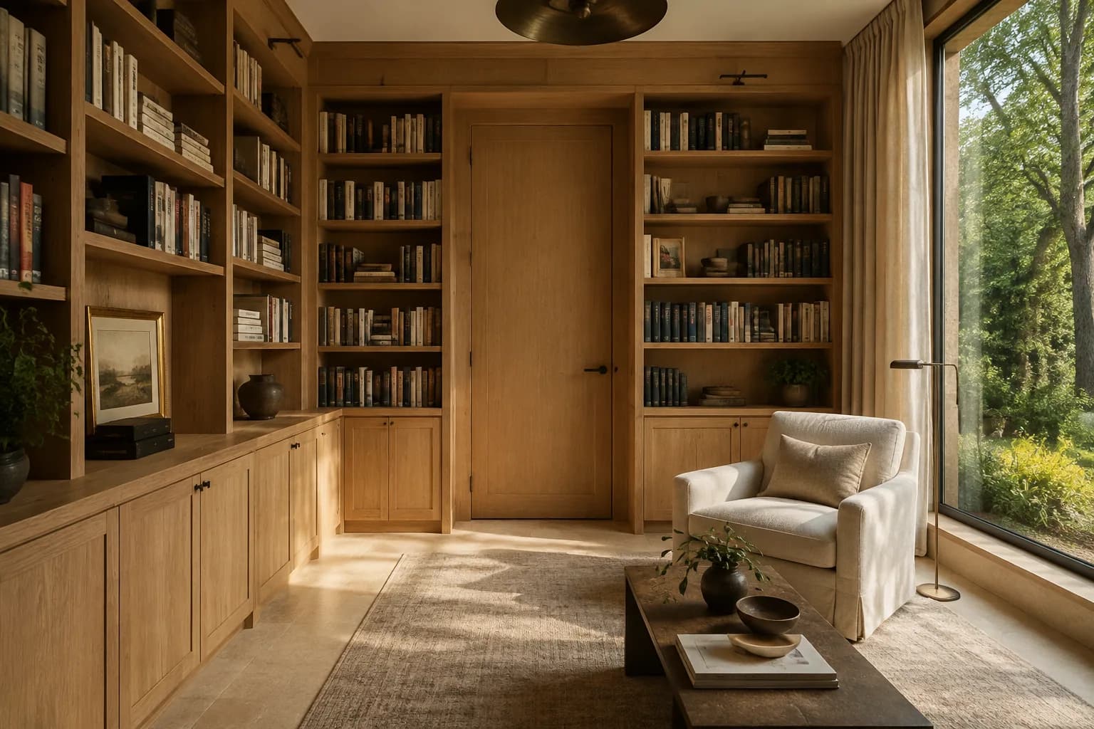 A sunlit oak library with an ivory reading chair and a simple timber doorway